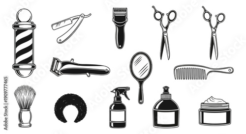 Collection of grooming tools and accessories displayed neatly on a clean white background with various barber equipment Whisk_1061d97401fc77f8dfc4c32eedac1456dr.svg