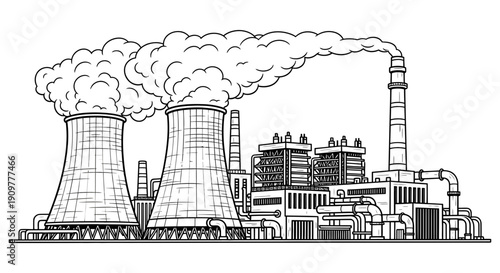 Industrial landscape with power plant and cooling towers emitting smoke from chimneys, viewed from a distance, illustrating industrial activity, Whisk_c4c85e67eedb0bb9d8c4c19203935170dr.svg
