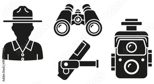 Collection of dark silhouette icons representing outdoor park ranger equipment including a uniformed individual binoculars a folding tool and a rangefinder for wilderness exploration activities