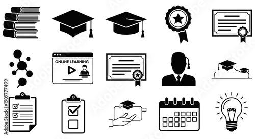 Collection of educational icons representing learning achievements graduation certifications and academic progress in a simple monochromatic silhouette style for design projects.