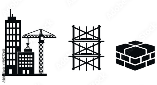 Construction and building elements including crane, scaffolding, and bricks used in development projects worldwide by architects and engineers for modern infrastructure