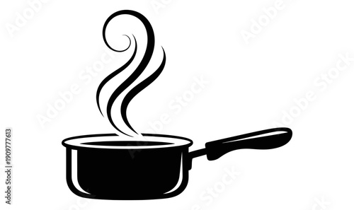 Black saucepan with steam rising from it on a white background illustration for cooking or recipe concepts