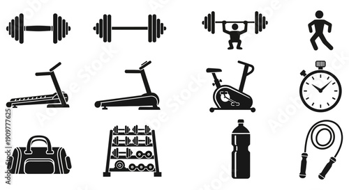 Collection of fitness icons representing various exercise equipment and activities in a simple black and white design