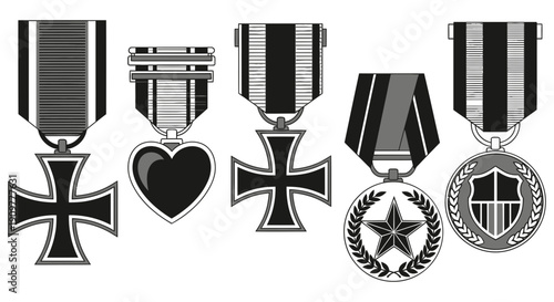 Collection of war medals and crosses symbolizing bravery and honor in various military and humanitarian contexts worldwide and history of valorous actions and service.