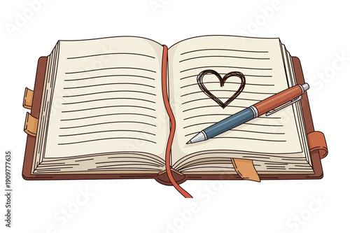 Open notebook with pen, heart drawing and bookmark, romantic concept