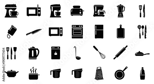 Collection of kitchen appliances and utensils icons in a grid layout, black silhouettes on white background, various kitchen tools and gadgets, digital illustration, top view