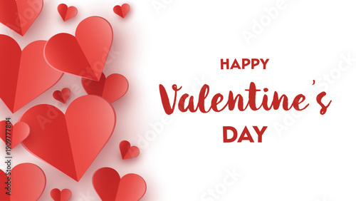 Happy Valentine’s Day greeting card with flying paper cut hearts. Vector illustration