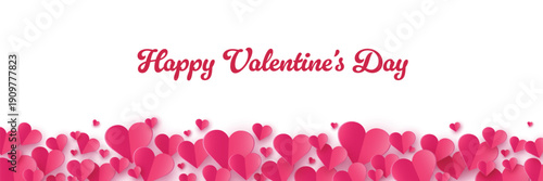 Happy Valentine’s Day greeting card with flying paper cut hearts. Banner. Vector illustration