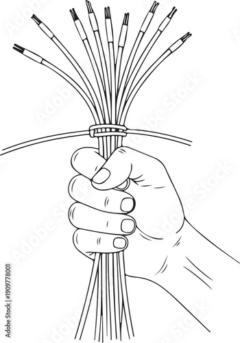 Hand holding a bundle of wires with stripped ends electrical wires cable wires bundle