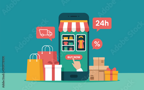 Mobile phone showing an online store with shopping bags, gift boxes, and delivery icons