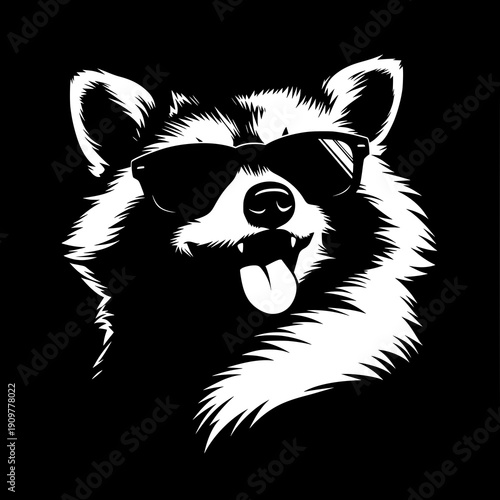 black white raccoon animal portrait illustration wearing sunglasses with cool funny playful attitude for modern graphic design print poster logo and street style art
