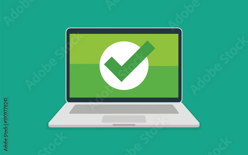 Modern portable computer displays a large green checkmark in a white circle on its split green screen