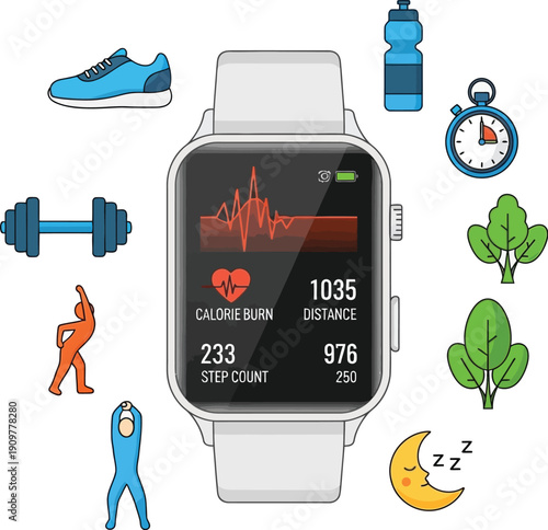 A smartwatch surrounded by fitness icons, including a shoe, dumbbell, and stopwatch, on a white background.