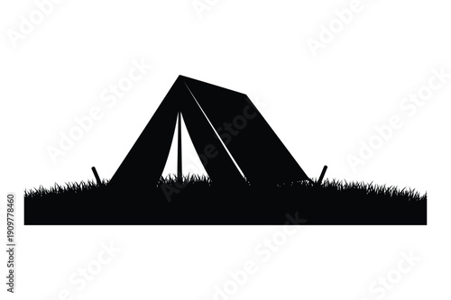 Tent silhouette on grass, minimalist camping vector
