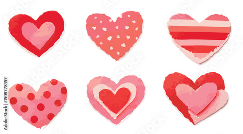 Set of torn paper heart shapes with watercolor textures and patterns for Valentine's Day, scrapbooking and romantic craft design elements.