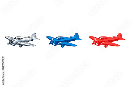 A set of three illustrated propeller planes in white, blue, and red colors. The aircraft are depicted in a vintage sketch style and arranged horizontally on a black background.