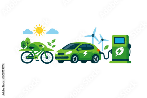 This flat vector illustration shows a green electric car at a charging station next to a bicycle, wind turbines, and a sun, highlighting eco-friendly transport and renewable energy.