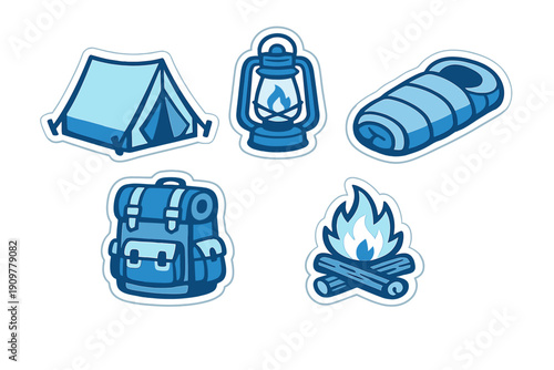 A set of five blue camping icons includes a tent, lantern, sleeping bag, backpack, and campfire. The flat vector style features white borders and dark outlines on a black backdrop.