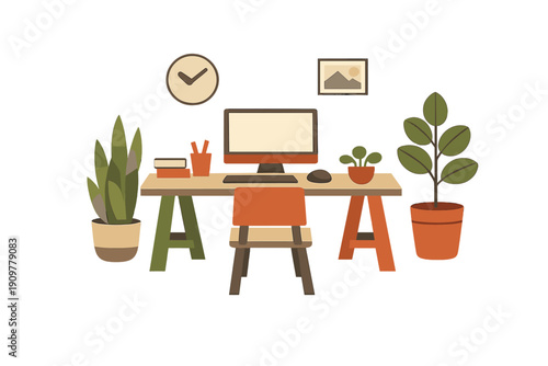 A minimalist flat illustration depicts a tidy home office setup with a computer monitor, keyboard, and mouse on a desk, surrounded by several green potted plants and decor.