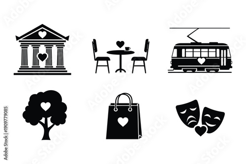 City life and entertainment icons, romance and love symbols