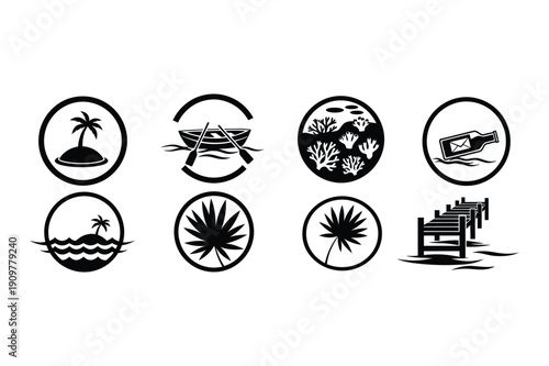 Tropical Island Icons: Beach, Ocean, Palm, Boat, Coral, Vacation