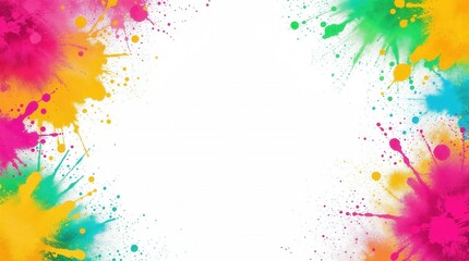 Colorful Holi powder splash background with copy space. Abstract paint explosion frame on white. Festival of colors celebration concept