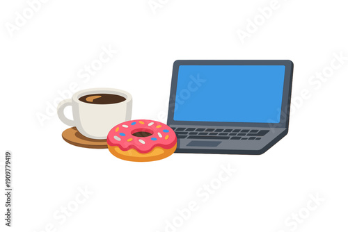 A flat illustration of a laptop computer next to a white cup of black coffee and a pink glazed donut with colorful sprinkles. The scene represents a modern workspace or snack break.