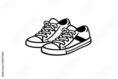 This minimalist black and white graphic illustration features a pair of sneakers with prominent white laces set against a dark background. It is a simple line art design.