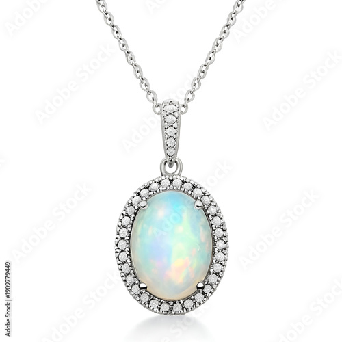 Oval opal pendant necklace with diamond accents, polished metal setting.