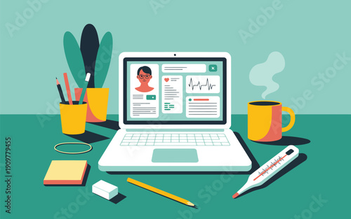 Online medical consultation via laptop showing patient profile with thermometer and hot beverage
