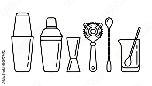Elegant Line Art Bartender Tools Set with Minimal Outline Design