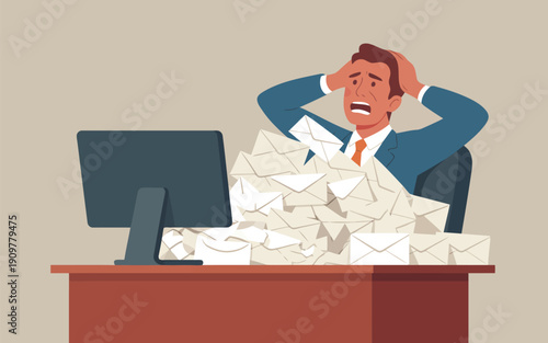 Overwhelmed businessman stressed by a massive pile of incoming emails or letters at his office desk