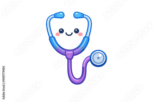 A cute cartoon stethoscope illustration featuring a smiling face with pink cheeks and large eyes. The medical tool is colored in shades of blue and purple on a black background.