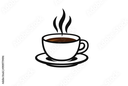 A minimalist illustration of a white ceramic coffee cup filled with dark coffee, resting on a matching saucer with three wisps of steam rising against a solid black background.