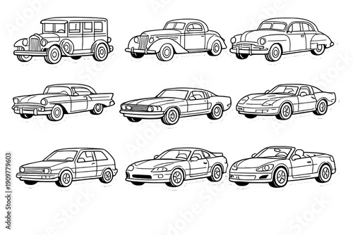 A collection of nine different car illustrations in a black and white line art style, featuring various models from vintage classics to modern sports cars on a dark background.