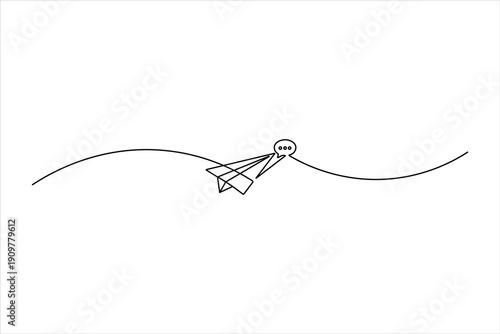 Minimalist continuous line drawing of a paper plane combined with a chat bubble, representing sending messages, digital communication, and ideas.