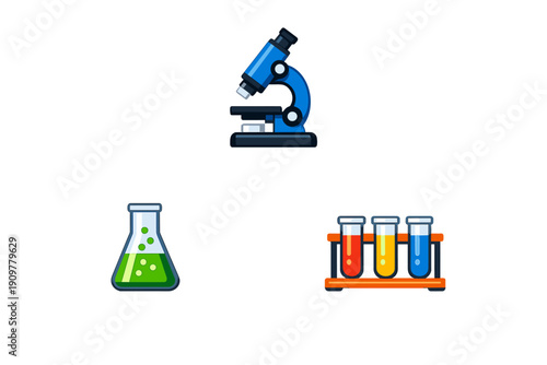 A collection of three science-themed icons featuring a blue microscope, a laboratory flask with green bubbling liquid, and three colorful test tubes in a rack on a black background.