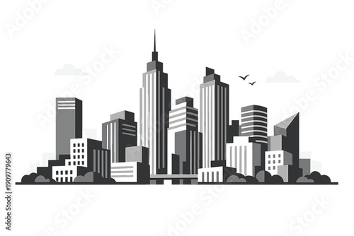 This grayscale vector illustration depicts a dense urban skyline with diverse skyscrapers, clouds, and flying birds. The minimalist design is set against a solid black background.