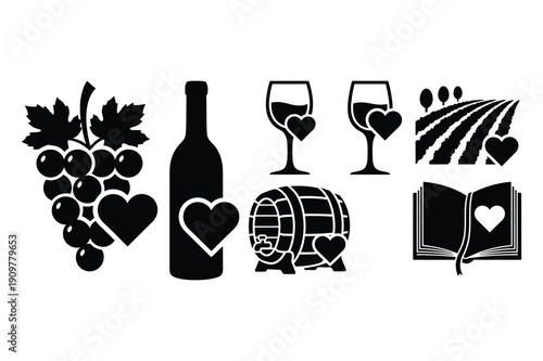 Wine Icons: Grapes, Bottle, Glasses, Barrel, Vineyard, Book, Romance