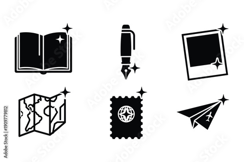 Travel and Writing Icons Silhouette Set