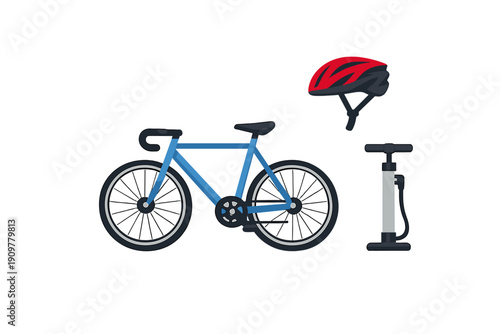 A vector illustration featuring a blue bicycle, a red and black safety helmet, and a manual air pump. The items are arranged on a black background as a set of cycling equipment.