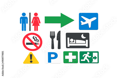 A collection of various public information symbols and icons including airport, restroom, no smoking, restaurant, hotel, parking, first aid, and emergency exit on a black background.