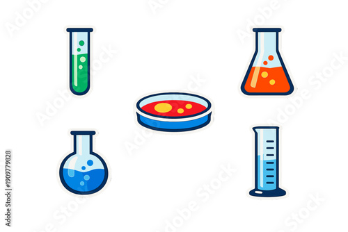 A collection of five colorful laboratory glassware stickers including a test tube, flasks, a petri dish, and a graduated cylinder, all featuring bold outlines on a black background.