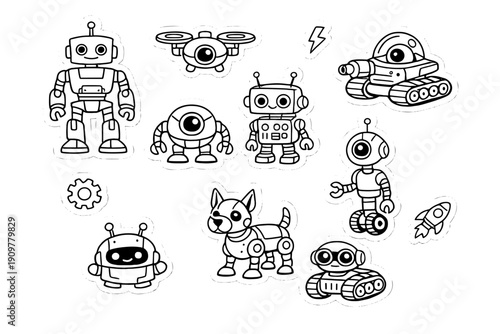 A collection of black and white robot stickers featuring various designs like humanoid bots, a robotic dog, a drone, and a tank. Ideal for coloring activities and digital design.
