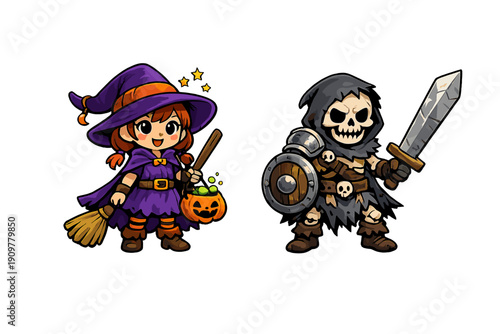 This cartoon illustration features a young witch with a broom and pumpkin bucket standing beside a skeleton warrior holding a sword and shield against a black background.