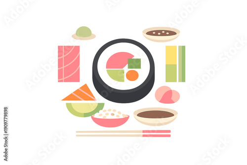 A flat vector illustration of various sushi components and Japanese cuisine elements, including a large maki roll, chopsticks, bowls of sauce, and fish slices on a black background.
