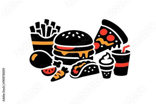 This minimalist vector illustration showcases a collection of popular fast food icons including a hamburger, french fries, pizza slice, and a soda cup on a black backdrop.