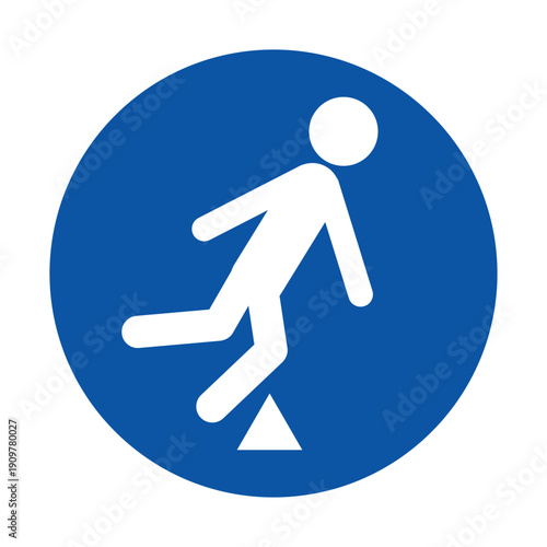 Caution Sign for Slippery Surface with Walking Figure Icon in Blue Circle