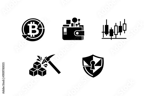 A set of four white icons on a black background representing cryptocurrency concepts including a digital currency symbol, a wallet, mining blocks with a pickaxe, and a security shield.