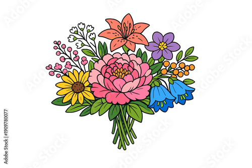A vibrant illustration of a colorful flower bouquet featuring a large pink peony, yellow sunflower, orange lily, and blue bellflowers against a solid black background with green leaves.